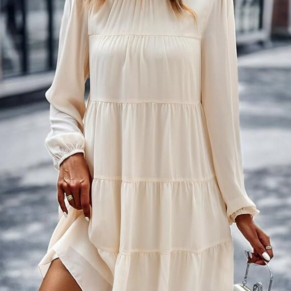 Women's Tunic Long Sleeve Ruffle Mock Neck Tiered Mini‎ Babydoll Dress - Picture 6 of 6